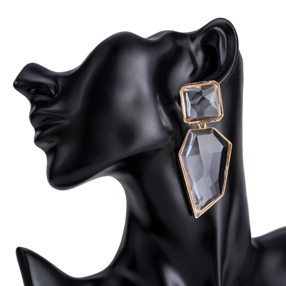 Gold statement earrings Oversized crystal clear geometric cocktail prom 💖 - Picture 16 of 16